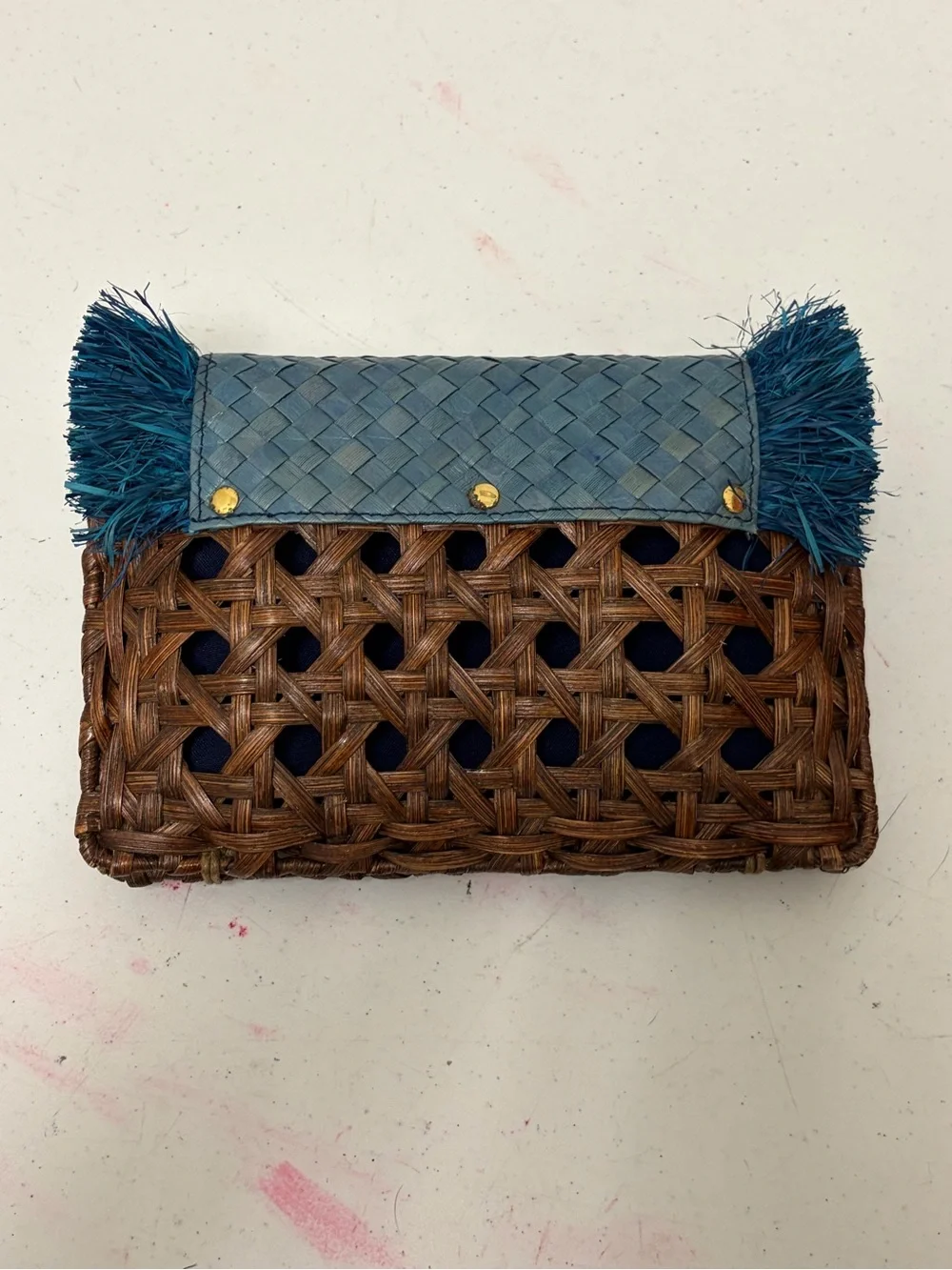 Anthropologie Brown Woven Rattan Clutch with Deep Teal Fringe